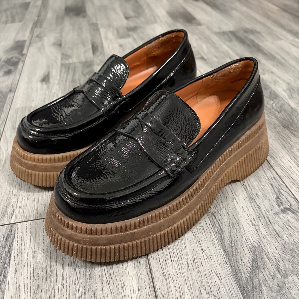Ganni Creepers Wallaby Black Patent Platform Loafers with Brown Crepe Sole